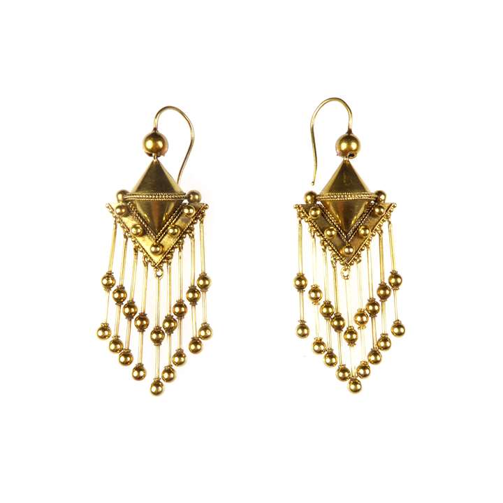 Pair of 19th century gold beaded fringe pendant earrings